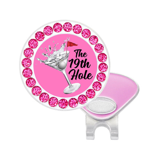 Pink golf ball marker with 'The 19th Hole' design on a white background
