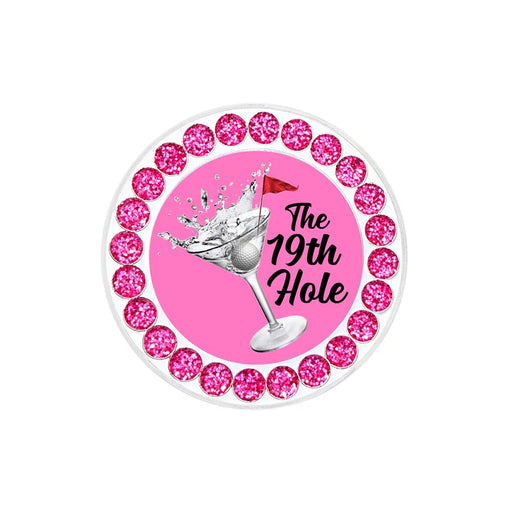 Navika golf marker with 'The 19th Hole' text and cocktail graphic, surrounded by pink gemstones on a white background.
