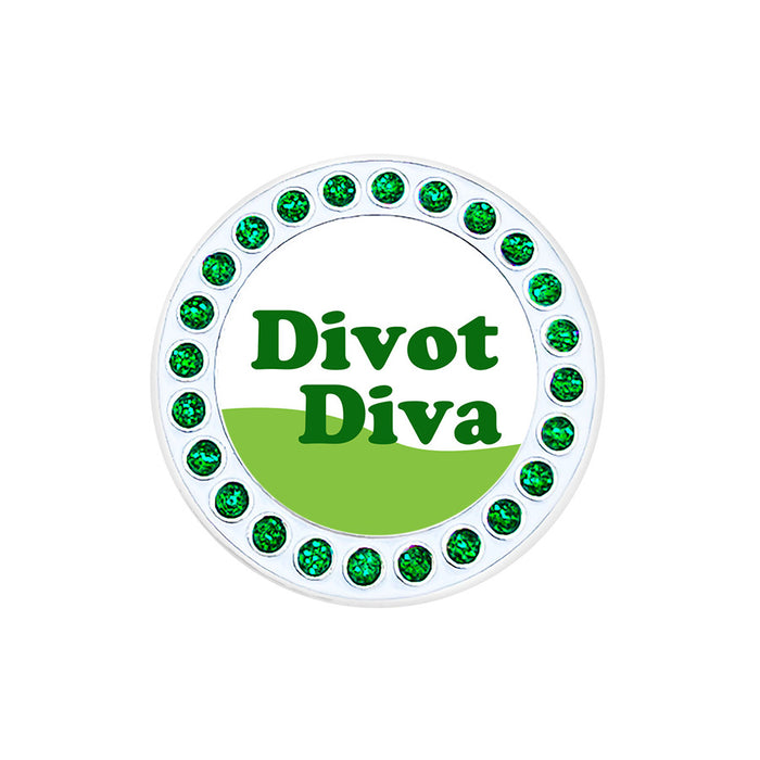 Golf ball marker with 'Divot Diva' text and green gemstones on a white background