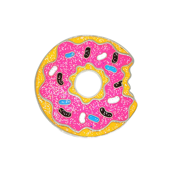 Donut-shaped object with pink glaze, yellow rim, and black and blue accents on a white background
