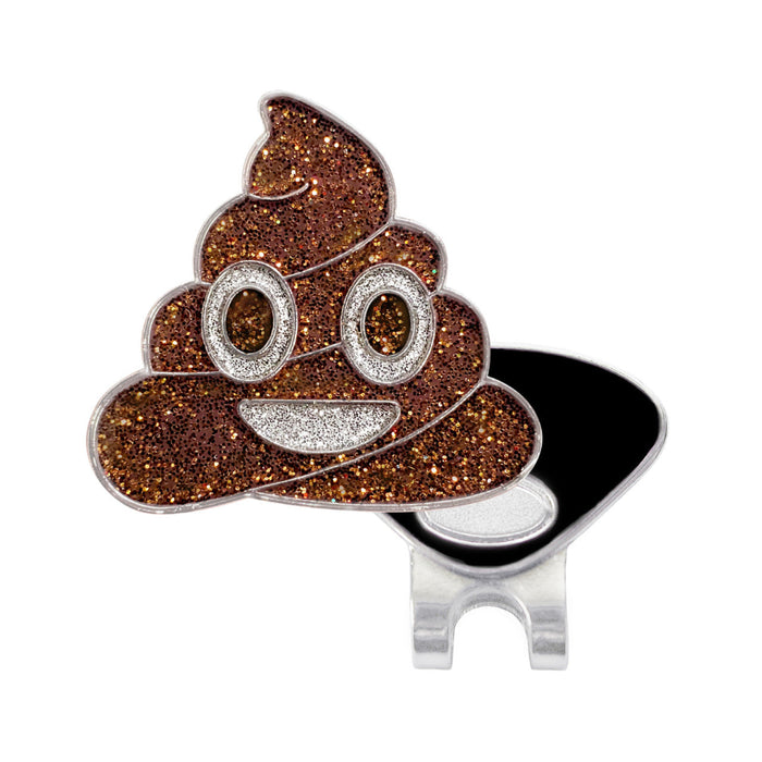Poop emoji design with glittery texture on a white background