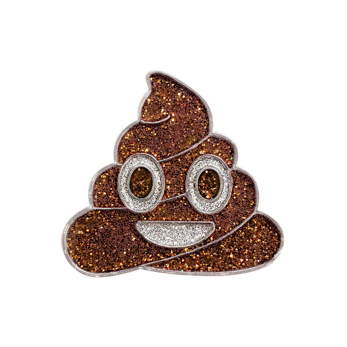 Glittery poop emoji pin on a white background