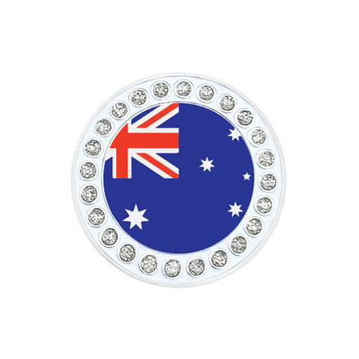 Round object with Australian flag design and crystal border on a white background