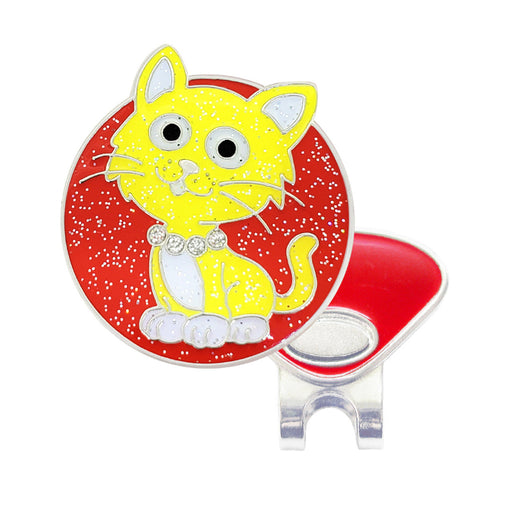 Yellow cat design on a red background with a magnetic clip attached.