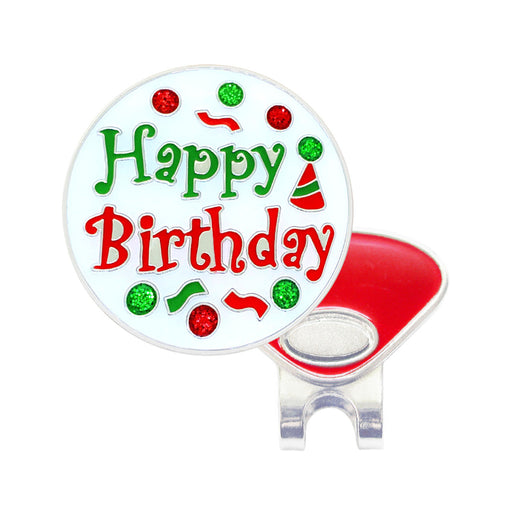 Round red and green 'Happy Birthday' clip with a magnetic base on a white background