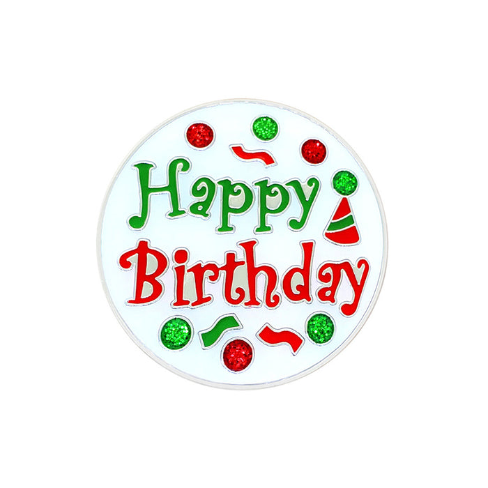 Round white coaster with 'Happy Birthday' text in green and red, surrounded by decorative elements on a white background.