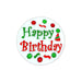 Round white coaster with 'Happy Birthday' text in green and red, surrounded by decorative elements on a white background.
