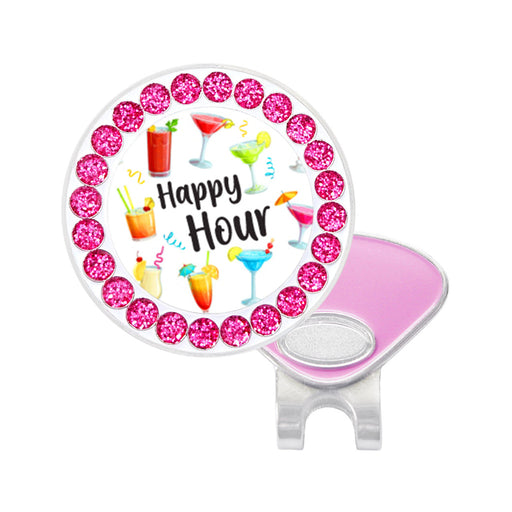 Pink and white golf ball marker with 'Happy Hour' and cocktail graphics on a white background