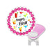 Pink and white golf ball marker with 'Happy Hour' and cocktail graphics on a white background