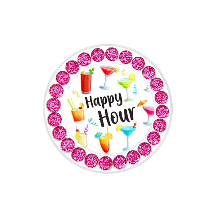 Round sign with 'Happy Hour' text and cocktail illustrations on a white background