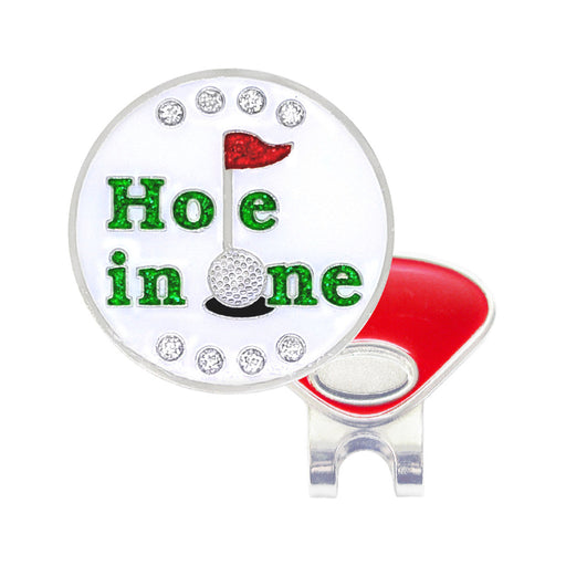 Golf ball marker with 'Hole in One' text and golf club design on a white background