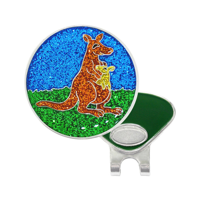 Glittery kangaroo and baby design on a magnetic golf ball marker with a green clip.