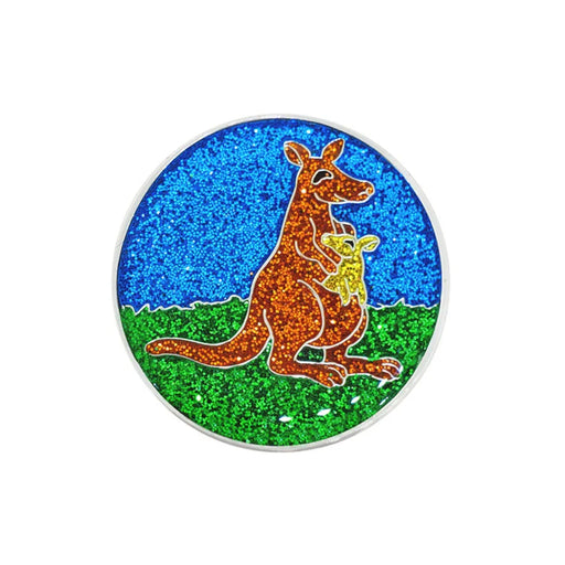 Navika Golf Marker Glittery round object with a kangaroo and baby design on a blue and green background