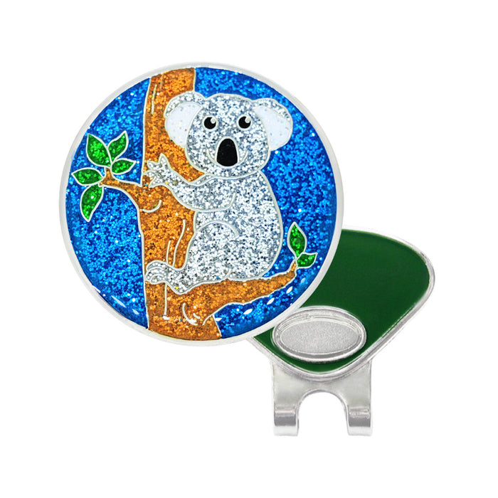 Glittery koala design on a magnetic golf ball marker with a clip.
