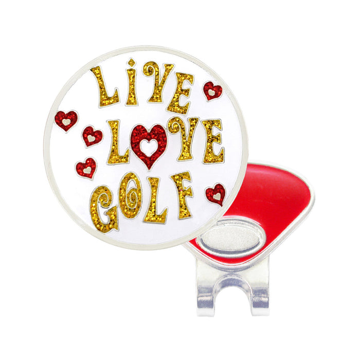 Golf ball marker with 'Live Love Golf' text and heart designs on a white background
