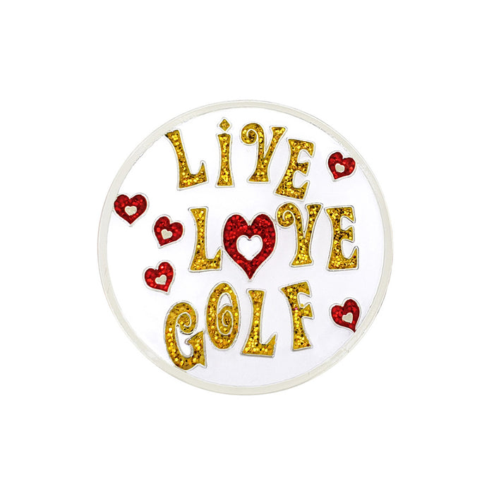 Round white object with 'Live Love Golf' text in gold and red hearts on a white background