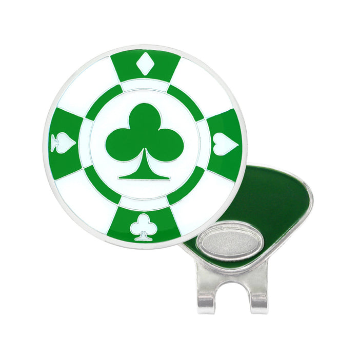 Green and white golf ball marker with a magnetic clip on a white background