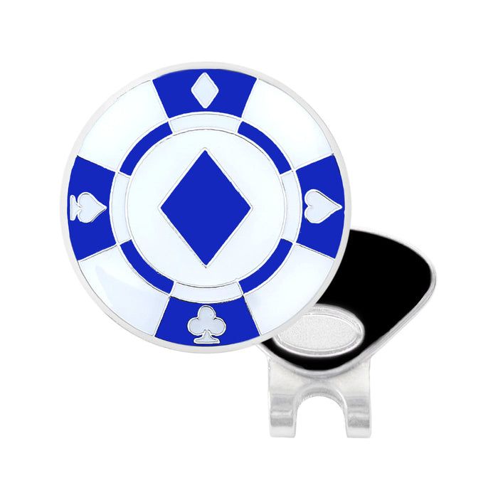 Blue and white poker chip design on a magnetic hat clip against a white background
