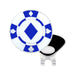 Blue and white poker chip design on a magnetic hat clip against a white background
