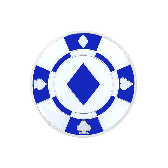 Poker chip with blue and white design on a white background
