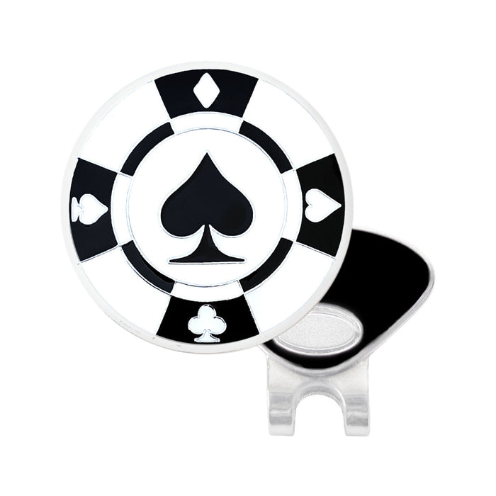 Poker chip design golf ball marker with clip on a white background