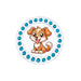 Circular badge with a cartoon dog and blue gemstones on a white background