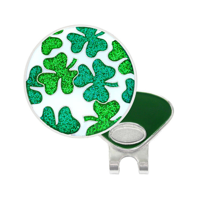 Green shamrock design on a white background with a magnetic ball marker.