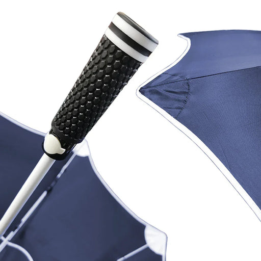 Close-up of a navy tipless umbrella with a textured anti slip grip black handle on a white background. golf umbrella