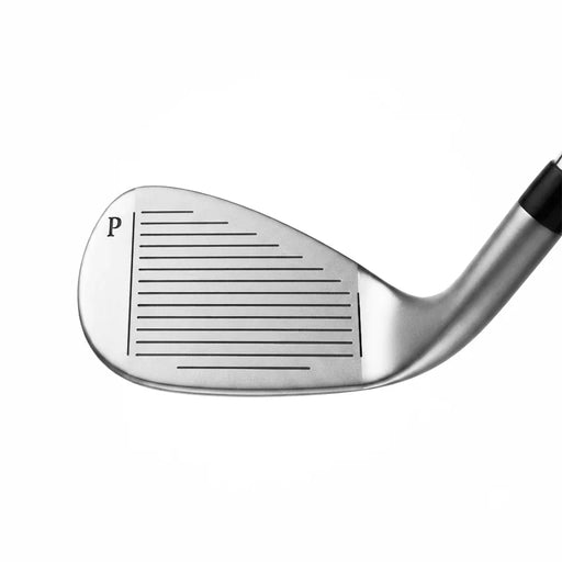 A close-up of a silver metal golf iron club head with engraved line markings and a black grip, shown on a plain white background.