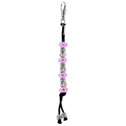 Keychain with pink beads and decorative elements on a white background