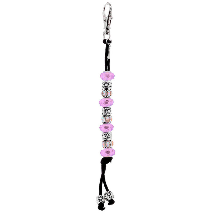Keychain with pink beads and decorative elements on a white background