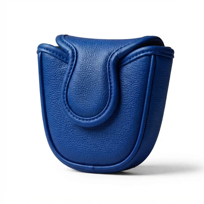 A vibrant blue pebbled leather pouch with a curved, shield-like silhouette and a central stitched tab detail, shown on a clean white background.