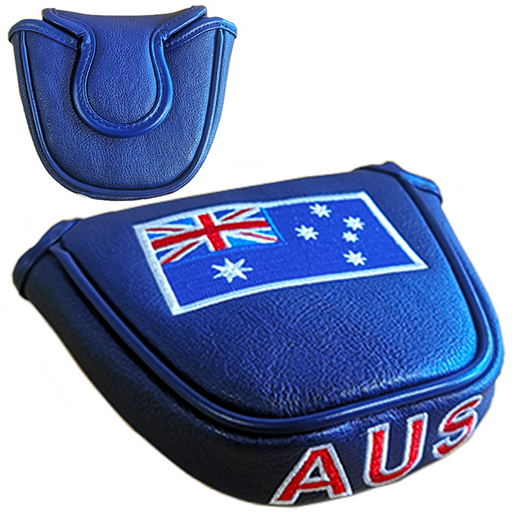 Blue golf putter cover with Australian flag and AUS embroidery, ideal for golf accessories