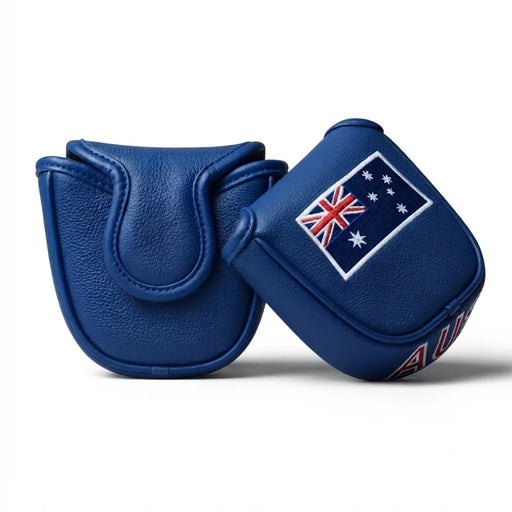 Two blue protective leather pouches or covers with a textured finish, one featuring an Australian flag patch and the other showing partial red lettering, set against a plain white background.