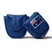 Two blue protective leather pouches or covers with a textured finish, one featuring an Australian flag patch and the other showing partial red lettering, set against a plain white background.