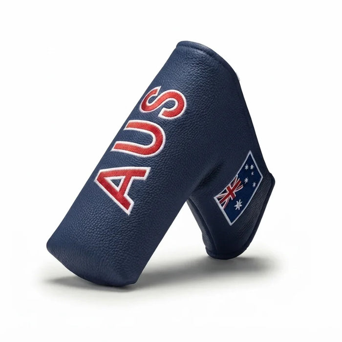 A navy blue textured golf club headcover featuring the word 'AUS' in red with a white outline and an Australian flag patch on the side, shown on a white background.