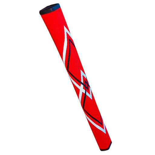 Red golf grip with white and black design on a white background