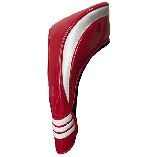 Red and white golf club head cover on a white background