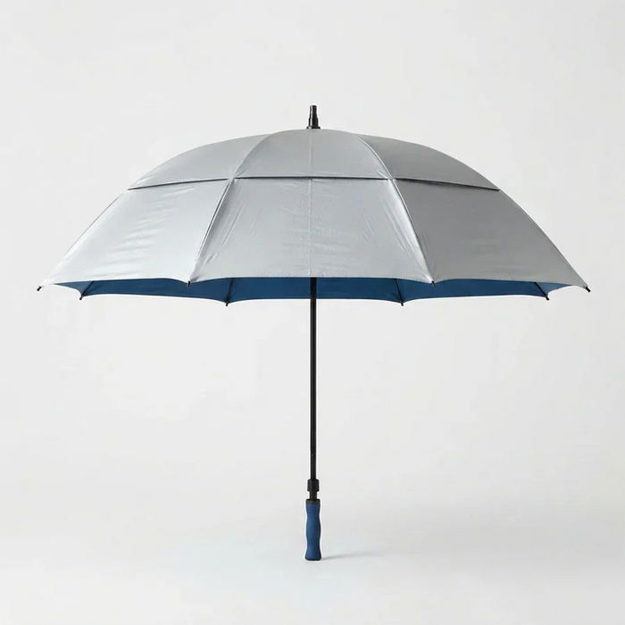 A silver and blue golf umbrella with a black shaft and blue handle, shown open against a light gray background.