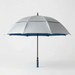 A silver and blue golf umbrella with a black shaft and blue handle, shown open against a light gray background.
