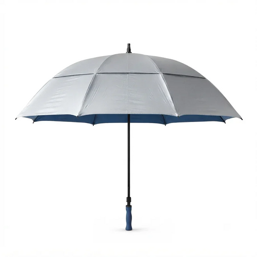 A silver and navy blue golf umbrella with a black shaft and a blue handle, shown open against a solid white background.