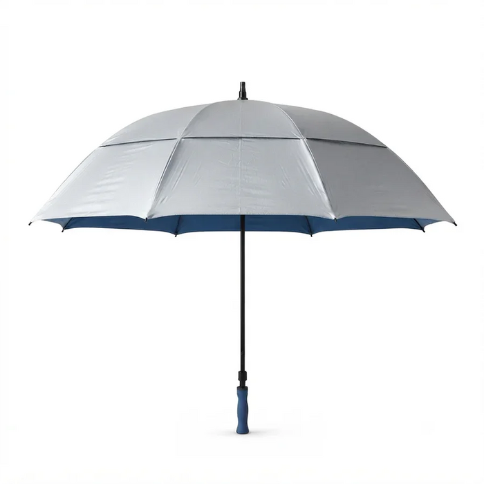 A silver and navy blue golf umbrella with a black shaft and a blue handle, shown open against a solid white background.