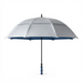 A silver and navy blue golf umbrella with a black shaft and a blue handle, shown open against a solid white background.