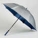 A silver and navy blue golf umbrella with a black shaft and a blue grip handle, shown open on a light gray background.