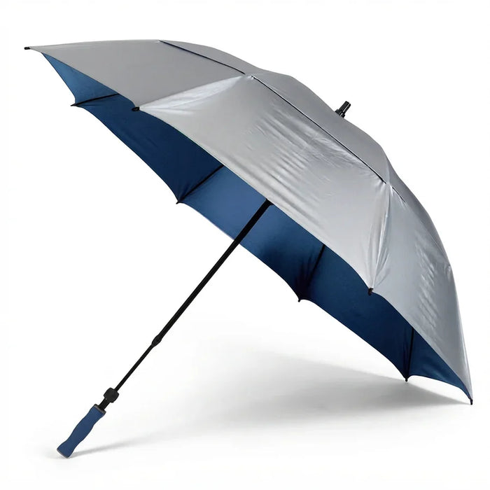 A large open umbrella with a silver-gray exterior canopy and a navy blue interior, supported by a black shaft with a blue handle, shown on a white background.