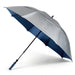 A large open umbrella with a silver-gray exterior canopy and a navy blue interior, supported by a black shaft with a blue handle, shown on a white background.