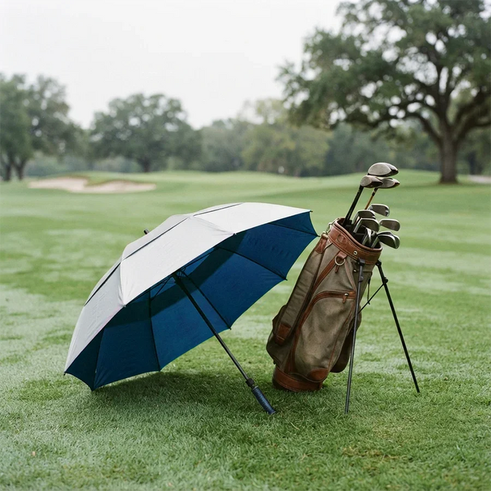 A golf umbrella in navy blue and white is open on a grassy golf course next to a brown golf bag filled with clubs.