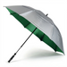 A golf umbrella with a metallic silver exterior and a dark green interior, shown open on a white background.