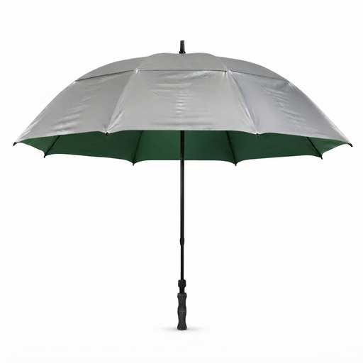 A large open golf umbrella with a metallic silver outer canopy and a dark green inner canopy, supported by a black shaft and handle, shown against a plain white background.