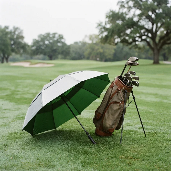 A golf umbrella in green and white lies on its side on a grassy golf course, next to a brown golf bag filled with clubs.